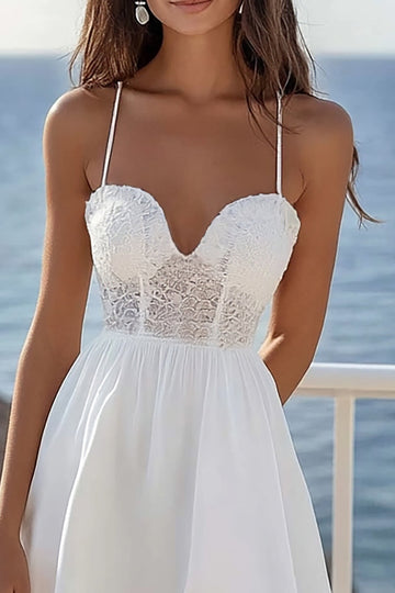 A Line White Lace Short Corset Graduation Dress with Ruffles